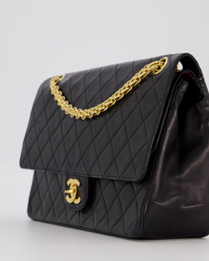 Chanel Black Vintage Stitched Edge Medium Classic Double Flap Bag in Lambskin Leather with 24K Gold Chain Hardware