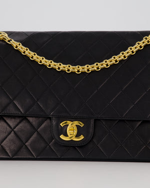 Chanel Black Vintage Stitched Edge Medium Classic Double Flap Bag in Lambskin Leather with 24K Gold Chain Hardware