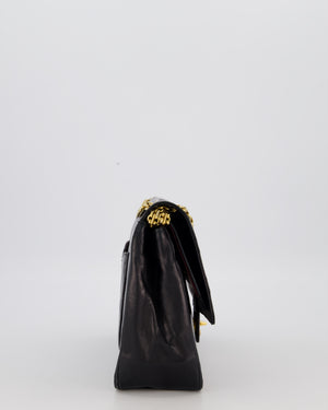 Chanel Black Vintage Stitched Edge Medium Classic Double Flap Bag in Lambskin Leather with 24K Gold Chain Hardware