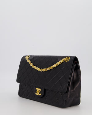 Chanel Black Vintage Stitched Edge Medium Classic Double Flap Bag in Lambskin Leather with 24K Gold Chain Hardware