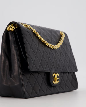 Chanel Black Vintage Stitched Edge Medium Classic Double Flap Bag in Lambskin Leather with 24K Gold Chain Hardware