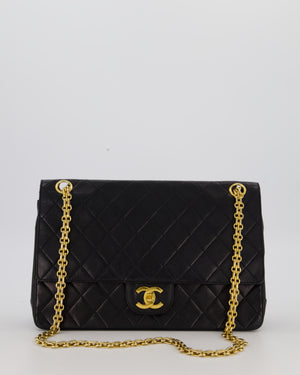 Chanel Black Vintage Stitched Edge Medium Classic Double Flap Bag in Lambskin Leather with 24K Gold Chain Hardware