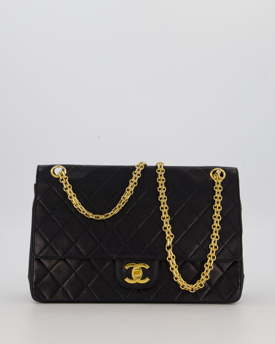 Chanel Black Vintage Stitched Edge Medium Classic Double Flap Bag in Lambskin Leather with 24K Gold Chain Hardware