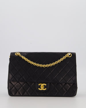 Chanel Black Vintage Stitched Edge Medium Classic Double Flap Bag in Lambskin Leather with 24K Gold Chain Hardware