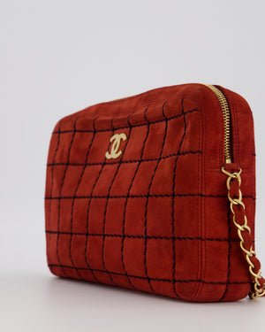 Chanel Vintage East West Chocolate Bar Clutch in Red Suede with Brushed Gold Hardware
