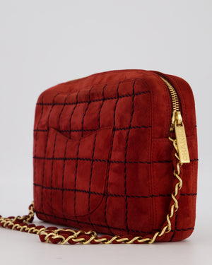 Chanel Vintage East West Chocolate Bar Clutch in Red Suede with Brushed Gold Hardware