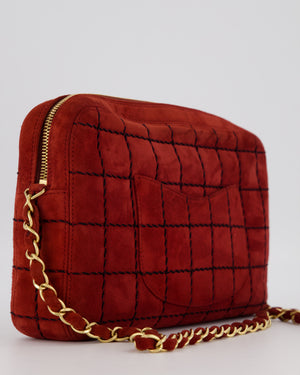 Chanel Vintage East West Chocolate Bar Clutch in Red Suede with Brushed Gold Hardware