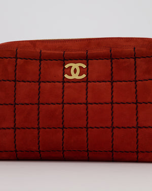 Chanel Vintage East West Chocolate Bar Clutch in Red Suede with Brushed Gold Hardware