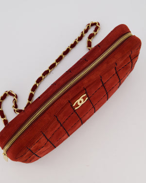 Chanel Vintage East West Chocolate Bar Clutch in Red Suede with Brushed Gold Hardware