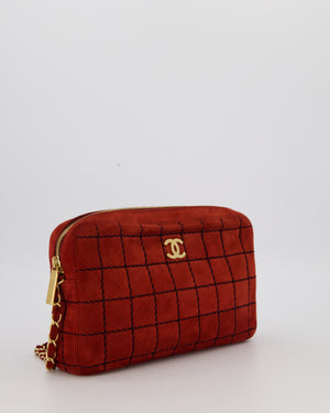 Chanel Vintage East West Chocolate Bar Clutch in Red Suede with Brushed Gold Hardware