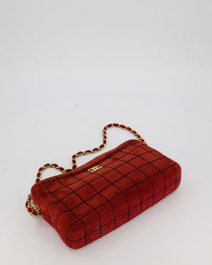 Chanel Vintage East West Chocolate Bar Clutch in Red Suede with Brushed Gold Hardware