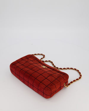 Chanel Vintage East West Chocolate Bar Clutch in Red Suede with Brushed Gold Hardware
