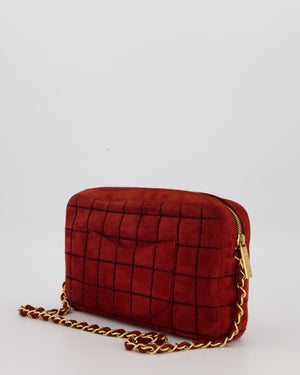 Chanel Vintage East West Chocolate Bar Clutch in Red Suede with Brushed Gold Hardware