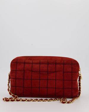 Chanel Vintage East West Chocolate Bar Clutch in Red Suede with Brushed Gold Hardware