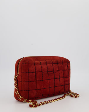 Chanel Vintage East West Chocolate Bar Clutch in Red Suede with Brushed Gold Hardware