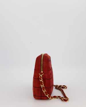 Chanel Vintage East West Chocolate Bar Clutch in Red Suede with Brushed Gold Hardware