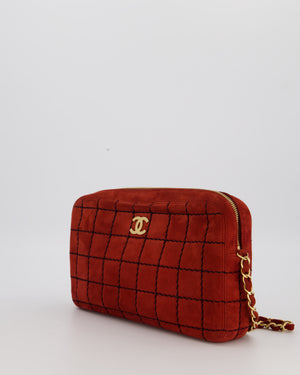 Chanel Vintage East West Chocolate Bar Clutch in Red Suede with Brushed Gold Hardware