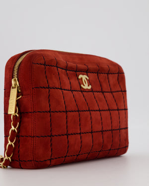 Chanel Vintage East West Chocolate Bar Clutch in Red Suede with Brushed Gold Hardware