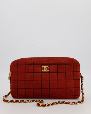 Chanel Vintage East West Chocolate Bar Clutch in Red Suede with Brushed Gold Hardware