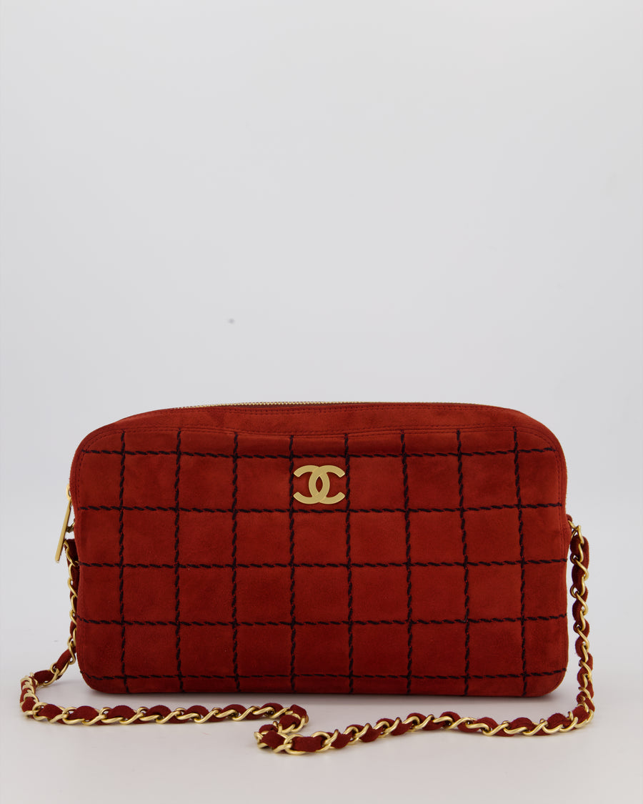 Chanel Vintage East West Chocolate Bar Clutch in Red Suede with Brushed Gold Hardware