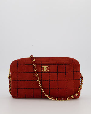 Chanel Vintage East West Chocolate Bar Clutch in Red Suede with Brushed Gold Hardware