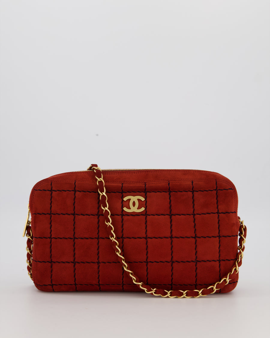 Chanel Vintage East West Chocolate Bar Clutch in Red Suede with Brushed Gold Hardware