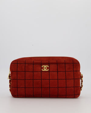 Chanel Vintage East West Chocolate Bar Clutch in Red Suede with Brushed Gold Hardware