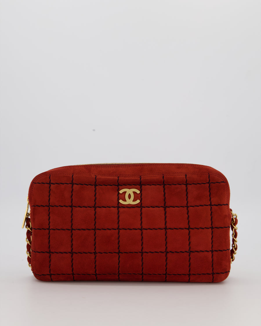 Chanel Vintage East West Chocolate Bar Clutch in Red Suede with Brushed Gold Hardware