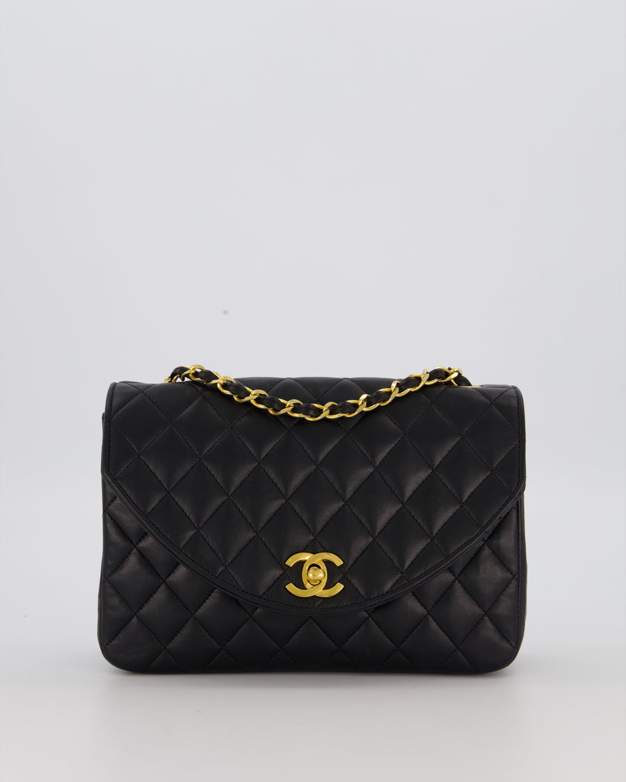 Chanel Black Vintage Small Square Classic Single Flap Bag in Lambskin Leather with 24K Gold Hardware
