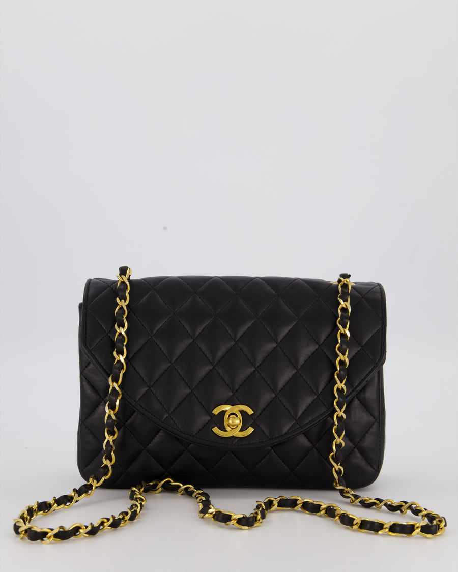 Chanel Black Vintage Small Square Classic Single Flap Bag in Lambskin Leather with 24K Gold Hardware