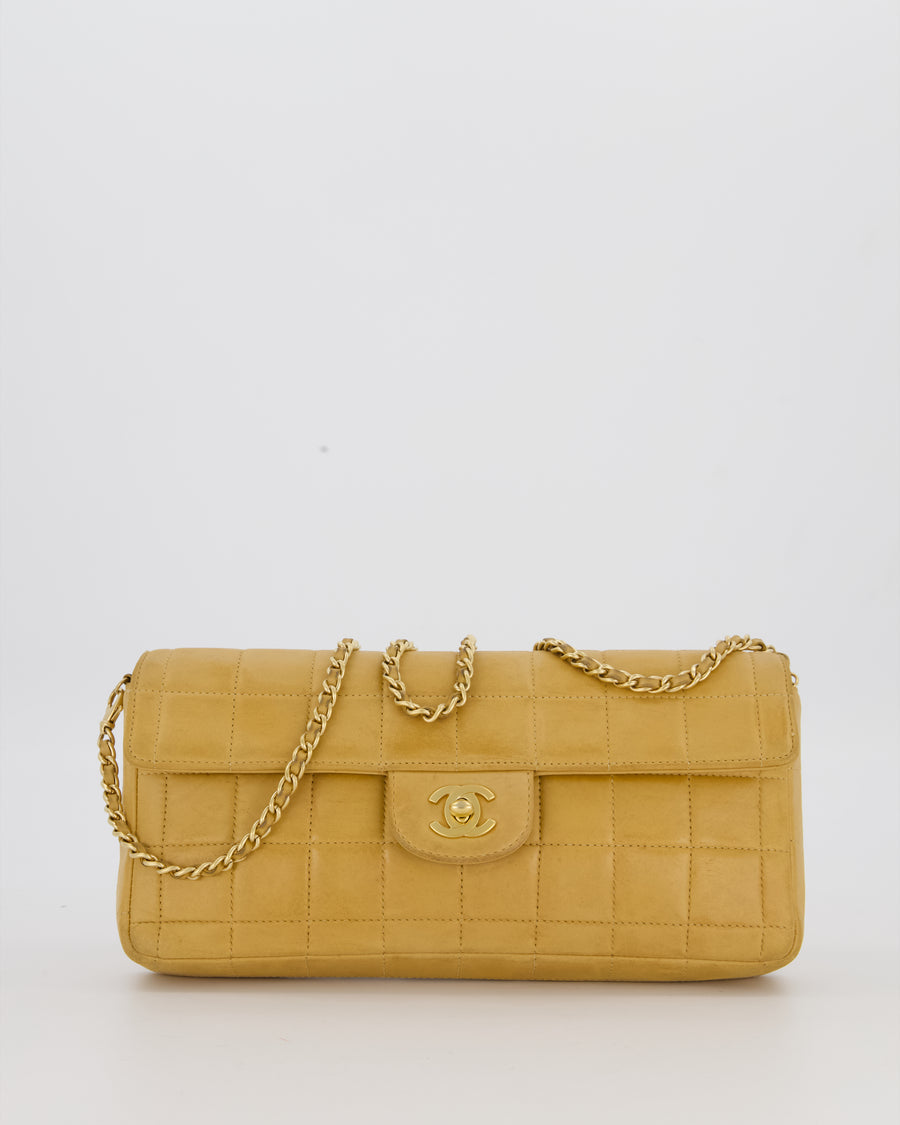 Chanel Beige Vintage East West Chocolate Bar Flap Bag in Lambskin Leather with 24K Gold Hardware
