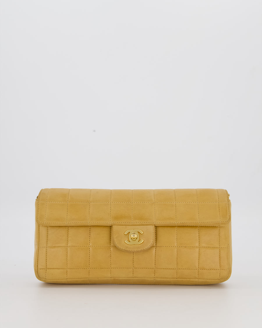 Chanel Beige Vintage East West Chocolate Bar Flap Bag in Lambskin Leather with 24K Gold Hardware