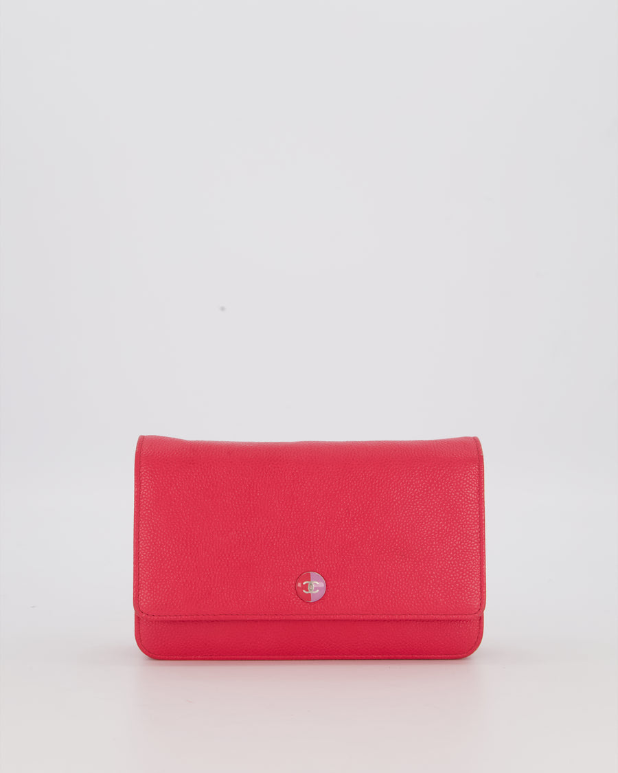 Chanel Fuchsia Pink Wallet on Chain Bag in Caviar Leather with Silver Hardware & Pink and Purple CC Logo