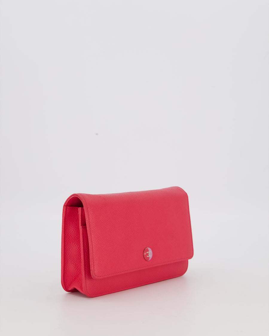 Chanel Fuchsia Pink Wallet on Chain Bag in Caviar Leather with Silver Hardware & Pink and Purple CC Logo