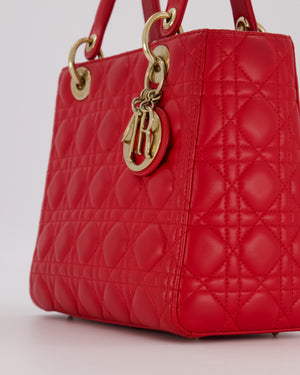 Christian Dior Medium Lady Dior Bag in Red Cannage Quilted Lambskin Leather with Gold Hardware