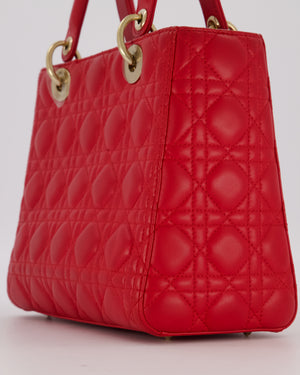Christian Dior Medium Lady Dior Bag in Red Cannage Quilted Lambskin Leather with Gold Hardware