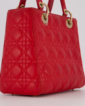 Christian Dior Medium Lady Dior Bag in Red Cannage Quilted Lambskin Leather with Gold Hardware