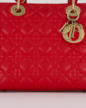 Christian Dior Medium Lady Dior Bag in Red Cannage Quilted Lambskin Leather with Gold Hardware