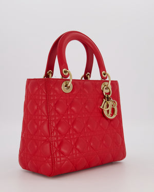 Christian Dior Medium Lady Dior Bag in Red Cannage Quilted Lambskin Leather with Gold Hardware