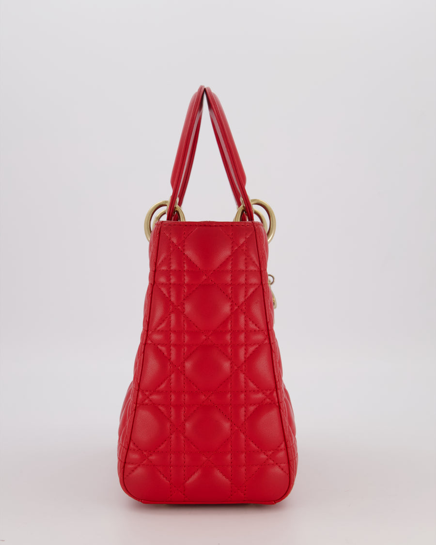 Christian Dior Medium Lady Dior Bag in Red Cannage Quilted Lambskin Leather with Gold Hardware