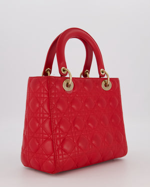 Christian Dior Medium Lady Dior Bag in Red Cannage Quilted Lambskin Leather with Gold Hardware
