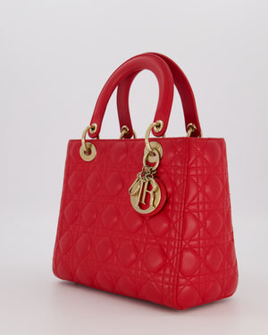 Christian Dior Medium Lady Dior Bag in Red Cannage Quilted Lambskin Leather with Gold Hardware