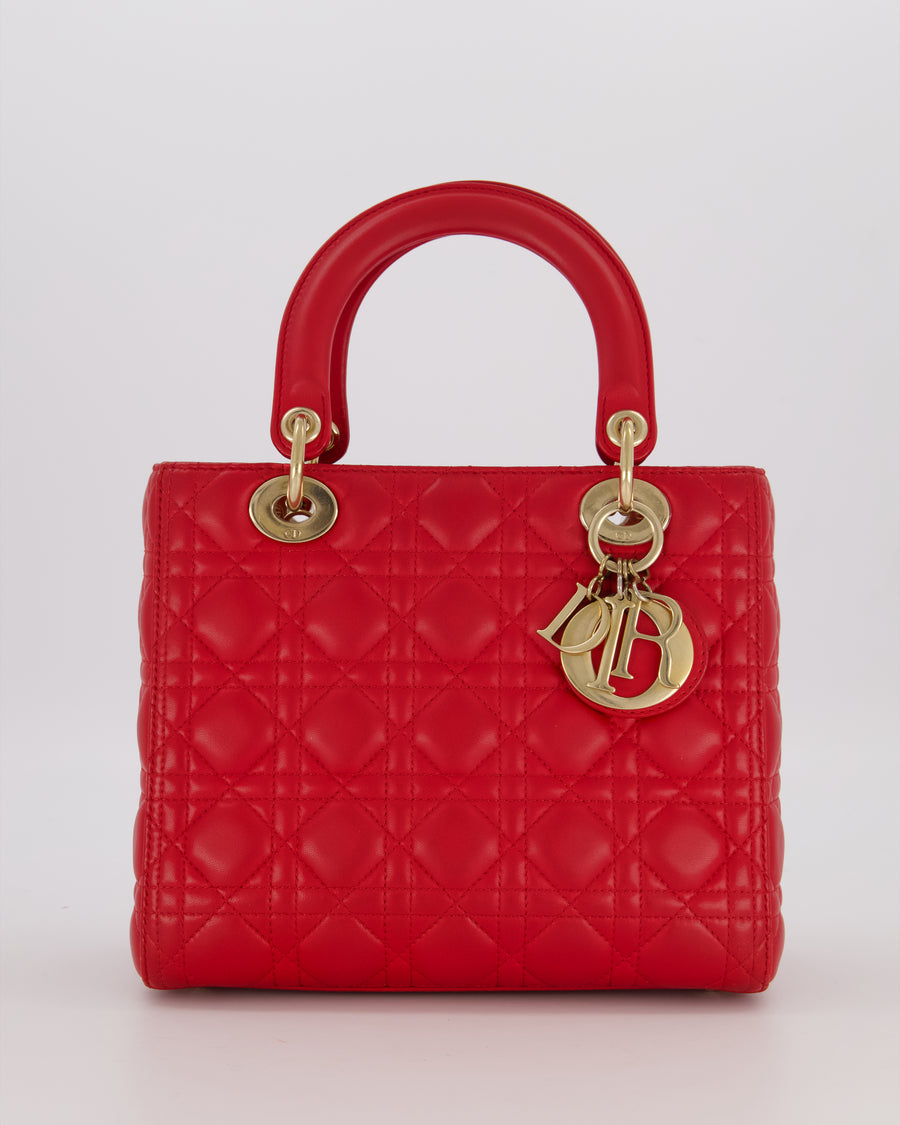Christian Dior Medium Lady Dior Bag in Red Cannage Quilted Lambskin Leather with Gold Hardware