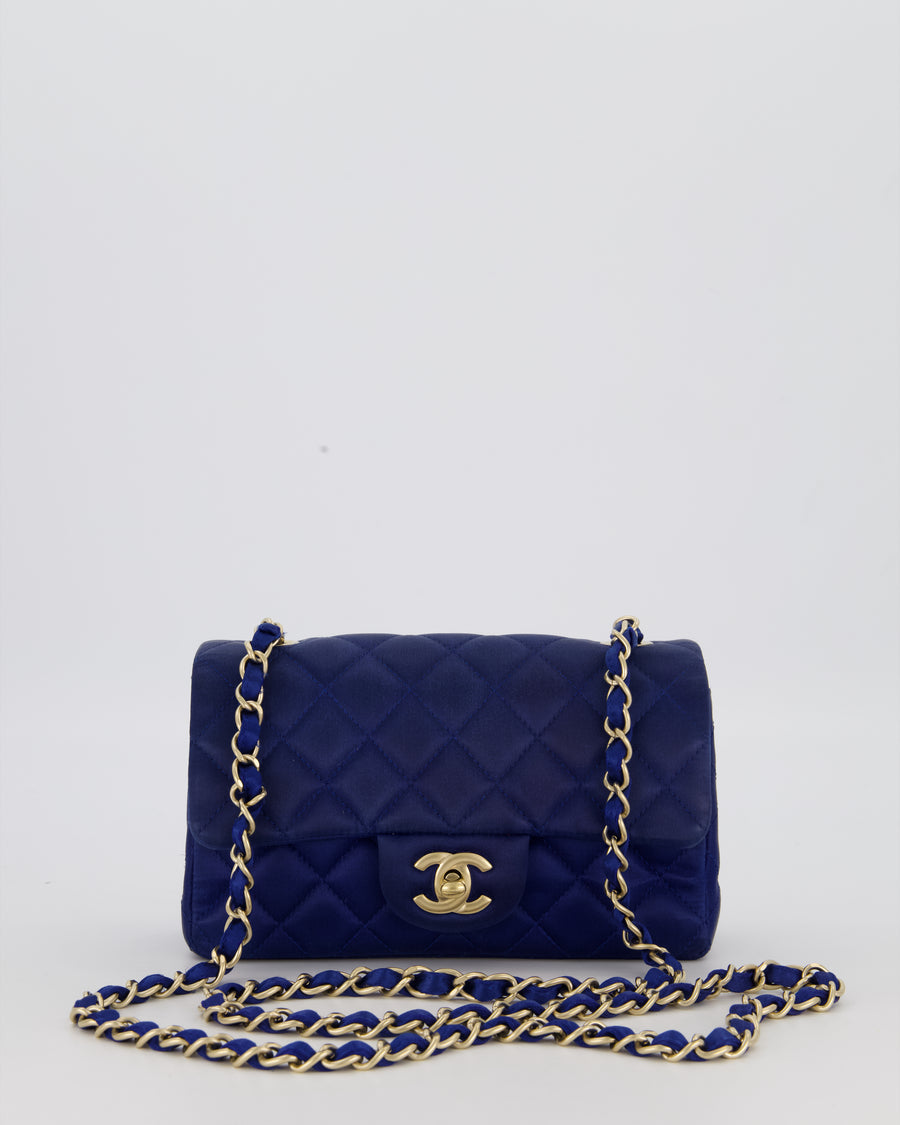 Chanel Navy Mini Rectangular Flap Bag in Satin with Brushed Gold Hardware