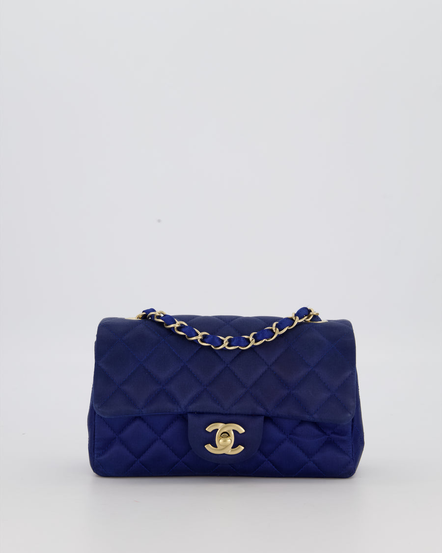 Chanel Navy Mini Rectangular Flap Bag in Satin with Brushed Gold Hardware