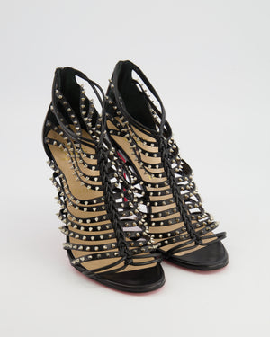 Christian Louboutin Black Leather Millaclou Caged Heeled Sandals with Silver Spikes Detail EU 38.5