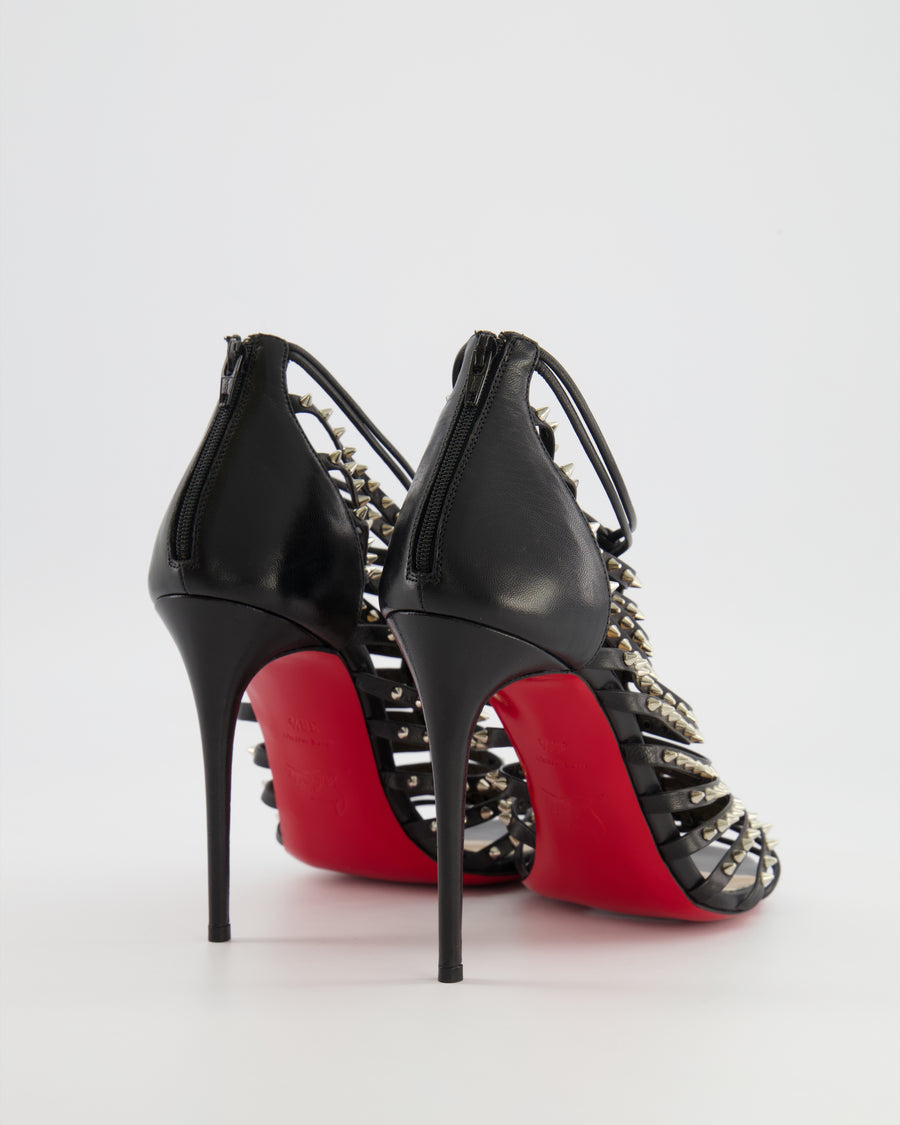 Christian Louboutin Black Leather Millaclou Caged Heeled Sandals with Silver Spikes Detail EU 38.5