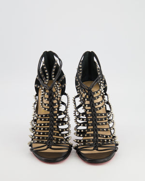 Christian Louboutin Black Leather Millaclou Caged Heeled Sandals with Silver Spikes Detail EU 38.5