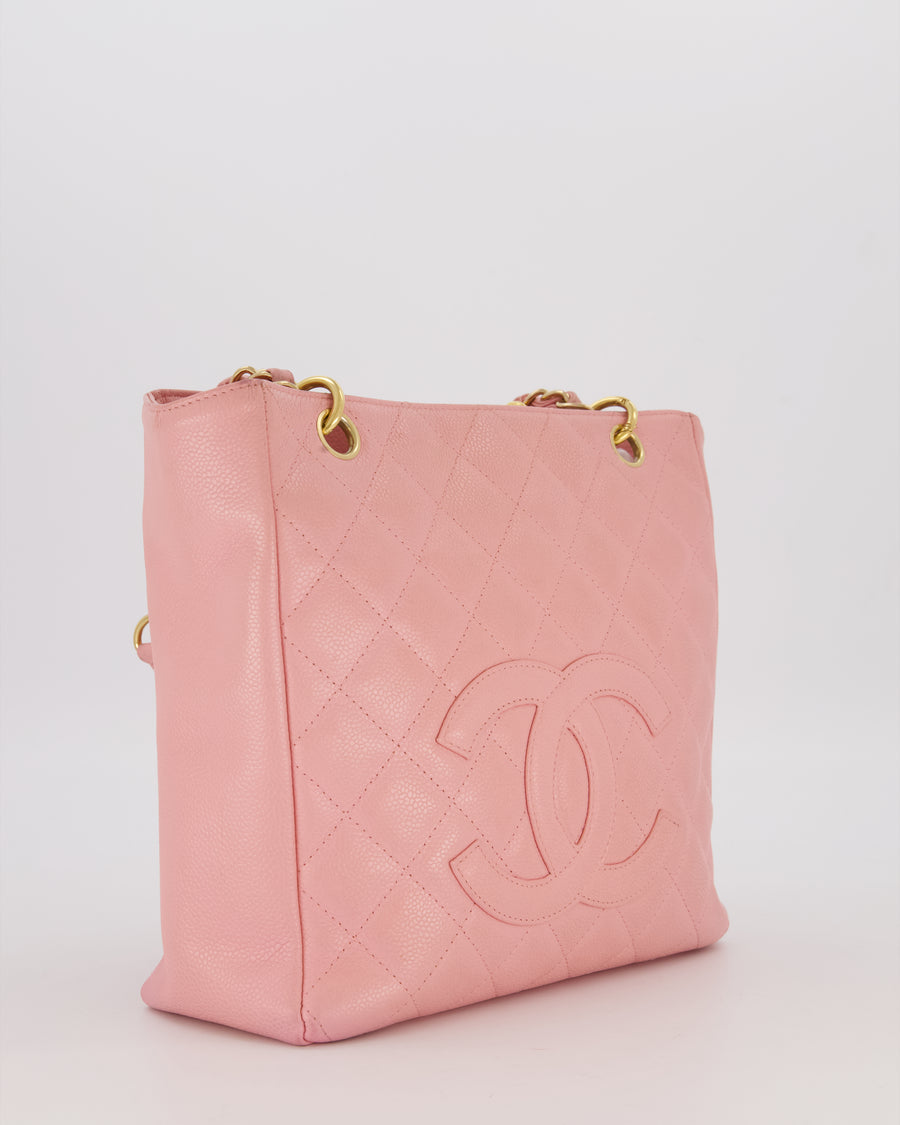 Chanel Vintage Petite Tote Bag in Pink Caviar Leather with CC Logo and Gold Hardware