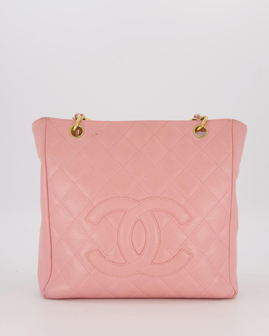 Chanel Vintage Petite Tote Bag in Pink Caviar Leather with CC Logo and Gold Hardware
